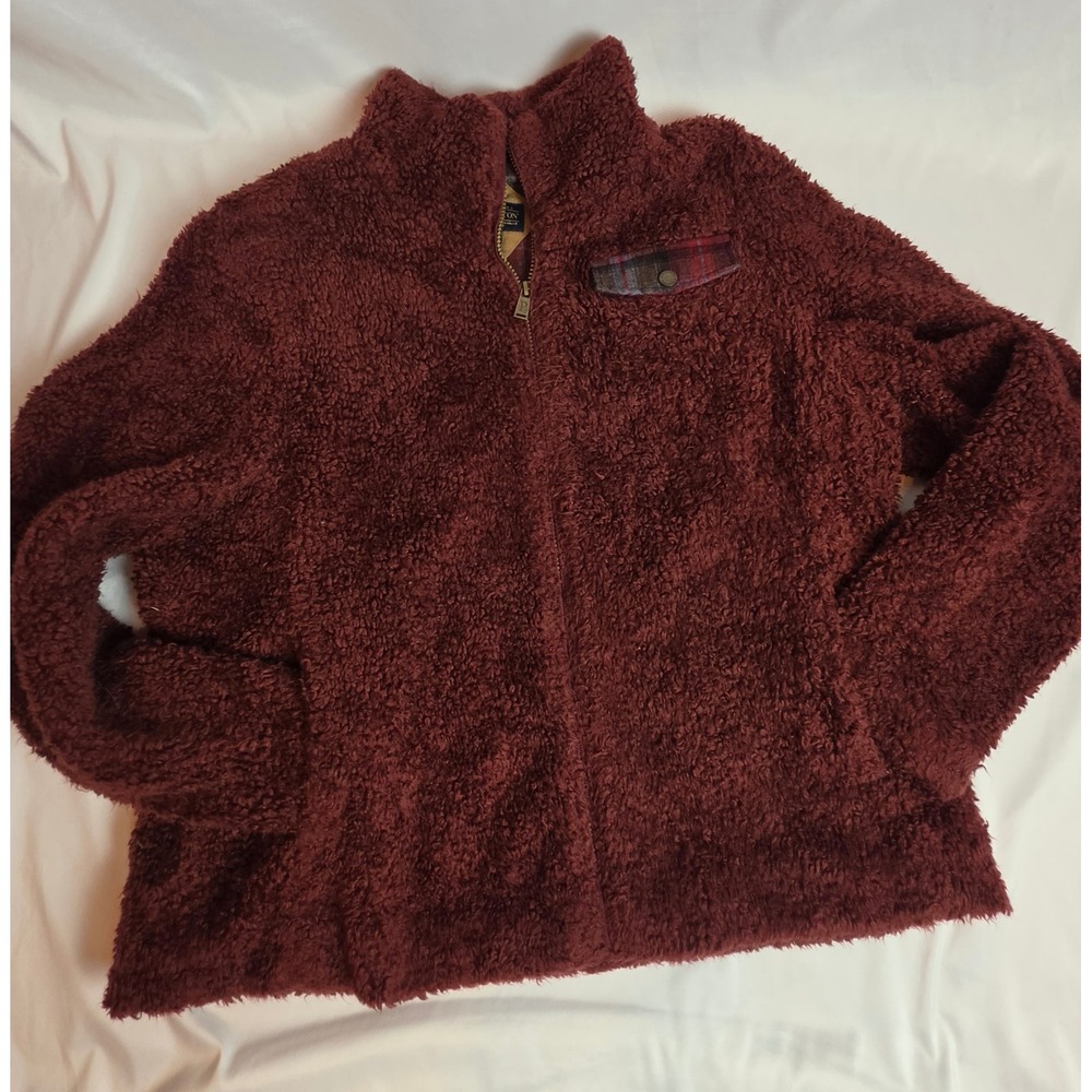Pendleton Fleece Jacket XL Burgundy Sherpa Teddy Full Zip Plaid Trim Gorpcore
